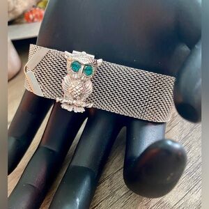 Sarah Coventry Owl Mesh Bracelet Vintage 1970 Nocturnal series Green Eyes